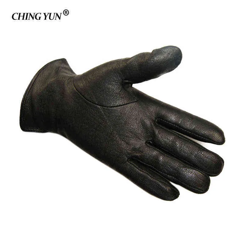 Winter man deer skin leather gloves male warm soft men's glove black three lines design men mittens sheep hair lining 211228239F