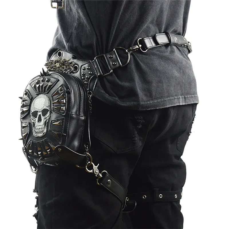 Gothic Steampunk Schedel 2019 Vrouwen Messenger Lederen Klinknagel Taille Zakken Mode Retro Rock Motorfiets Beenzak voor Mannen T200113275P