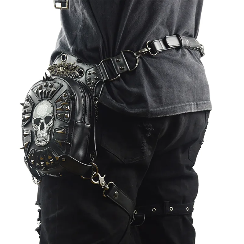 Gothic Steampunk Skull 2019 Women Messenger Leather Rivet Midjeväskor Fashion Retro Rock Motorcykelben Bag för män T200113302N