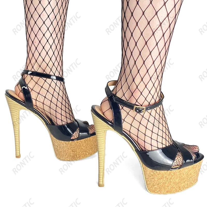 Rontic Nuove Donne di Arrivo Sandali Con Plateau Modello In Sughero Cinturino Alla Caviglia Sexy Tacchi A Spillo Open Toe Nero Scarpe Da Festa Formato DEGLI STATI UNITI 5-20