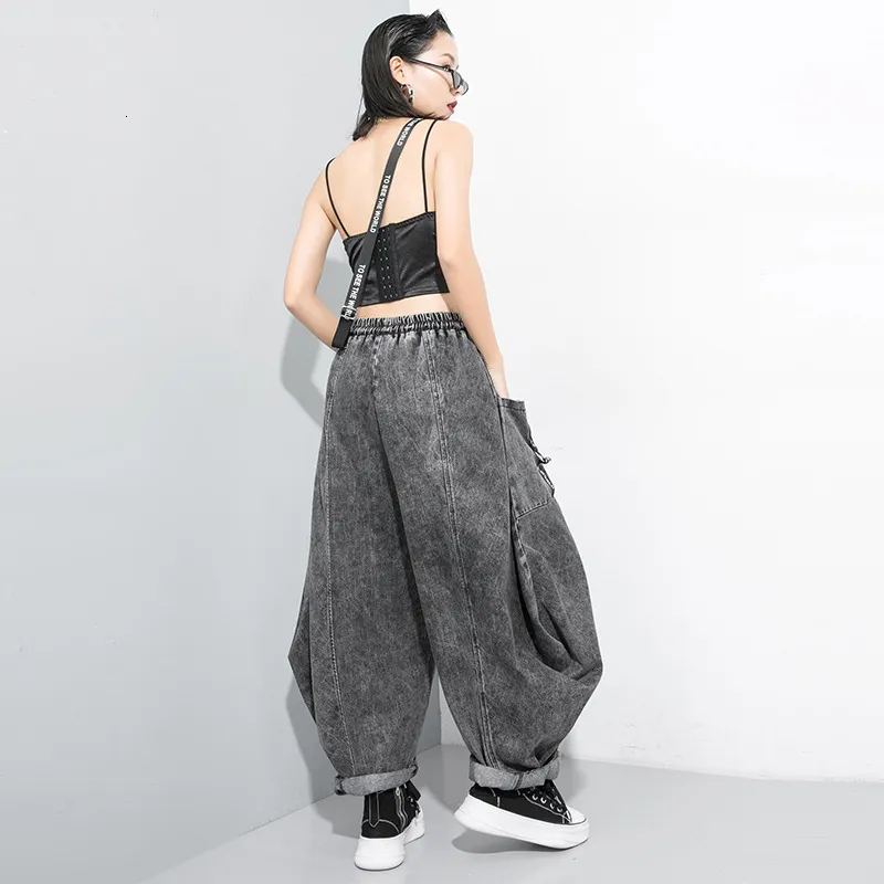 EAM Wide Been Black Big Size Ribbon Stitch Jeans Nieuwe High Taille Loose Trousers Fashion Spring Autumn 1D202 201109
