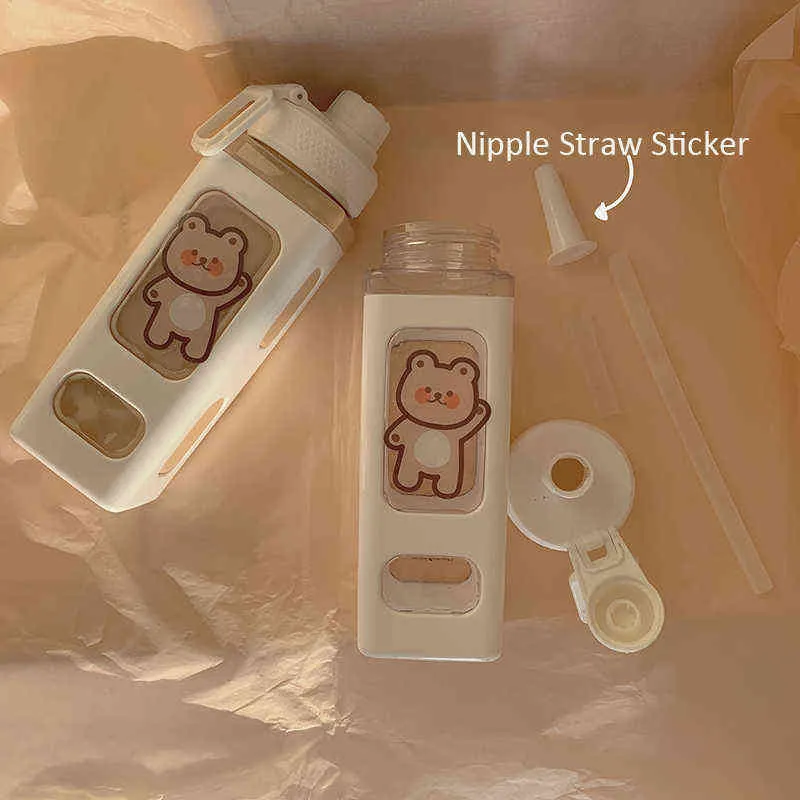 Kawaii Bear Butelka wody dla dziewczyn słodkie plastikowe siłownia szkolna picie z sokami słomy bańki herbaty filiżanki Free 700 / 900ml 220119