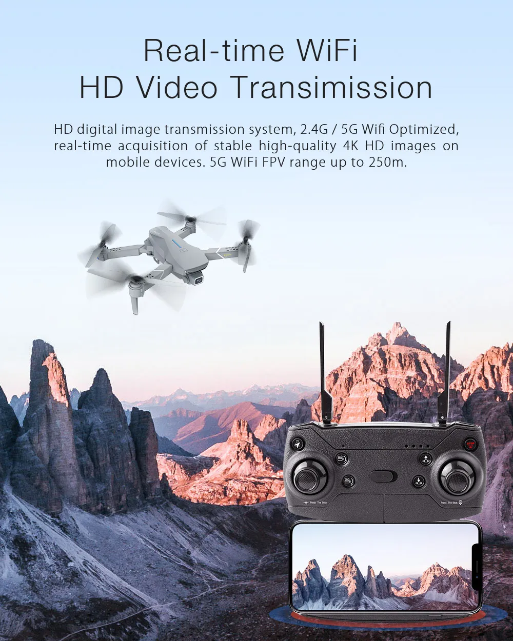 Eachine E520S PRO RC Quadcopter Drone GPS WIFI FPV With 4K HD Camera Adjustment Angle 16mins Flight Time Foldable RTF