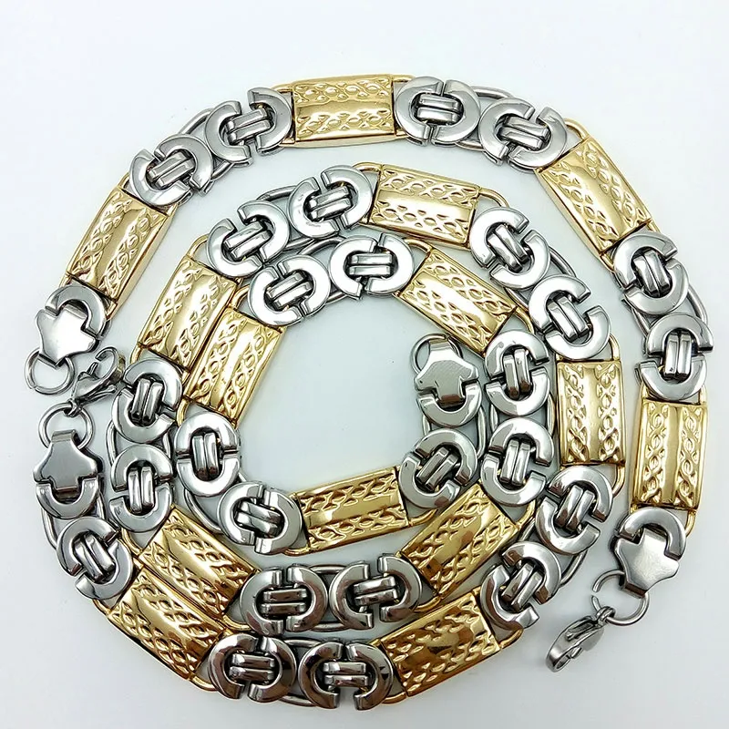 Collana e bracciale in acciaio inossidabile argento moda larghezza 11 mm Set di gioielli bizantini piatti personalizzati placcati in oro 18 carati uomo2791