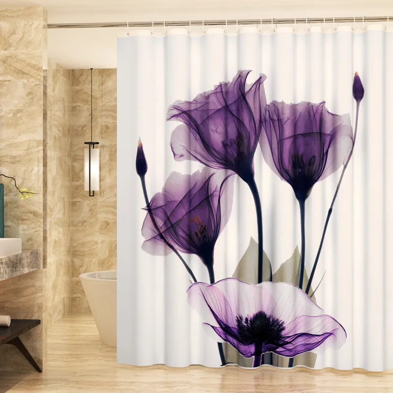 200x180 Tenda da doccia impermeabile bagno 3D Bellissimo fiore di tulipano viola stampato in poliestere decorazioni la casa LJ201130