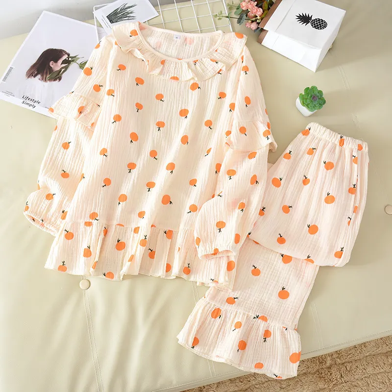 Pijama de costura impressa feminina Pijama de primavera no verão em casa roupas de roupa com gaze dupla lavada com algodão confortável e solto T200429