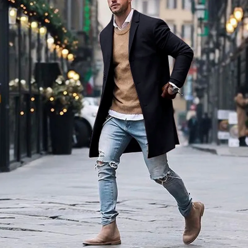 2020 Spring Mens Brand Fleece blends Jacket Male Overcoat Casual Solid Slim collar coats Long cotton trench coat Streetwear LJ201103