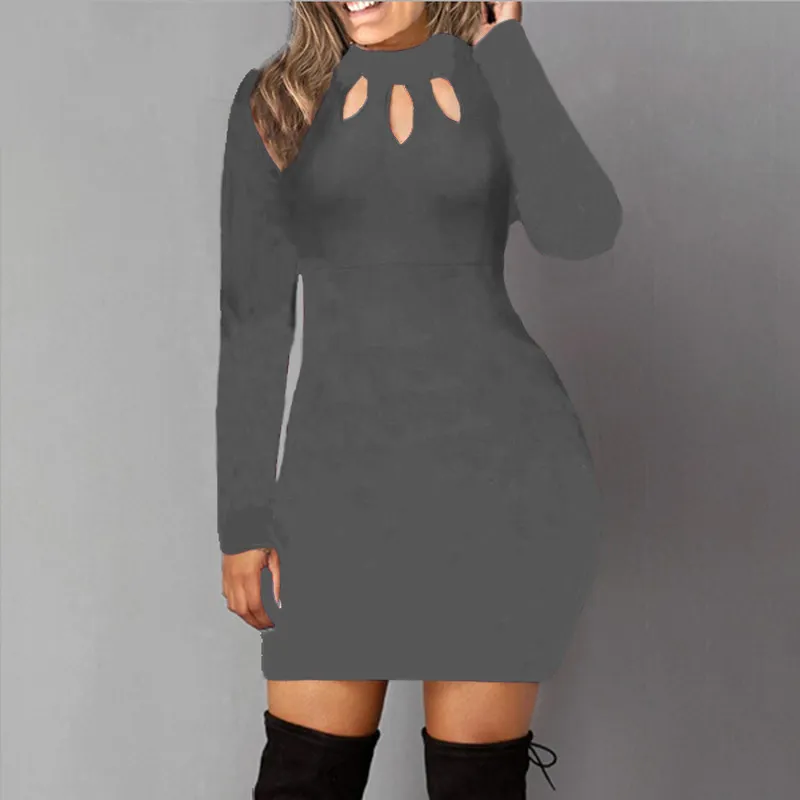 BodyCon платье женщины с длинным рукавом сплошные цветные платья весна осень сексуальные выдолбленные круглые шеи черное мини-платье хлопок S M l 5xl Y1224