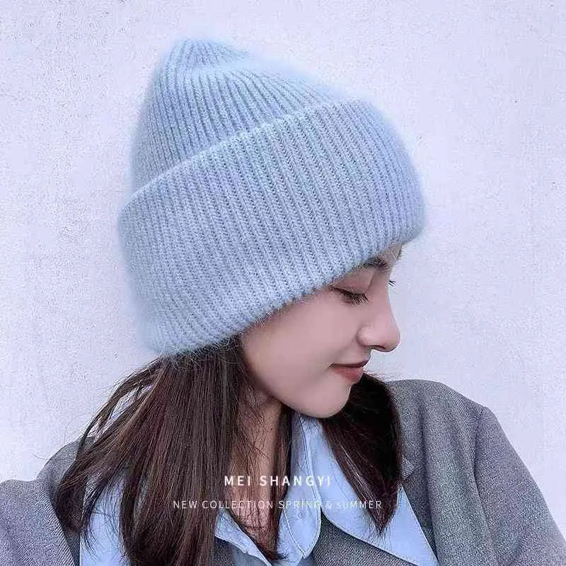 2021 moda Fabbit pelliccia morbida calda e soffice cappello invernale le donne Angora lavorato a maglia Skullies berretti cofano femminile donna berretto in maglia