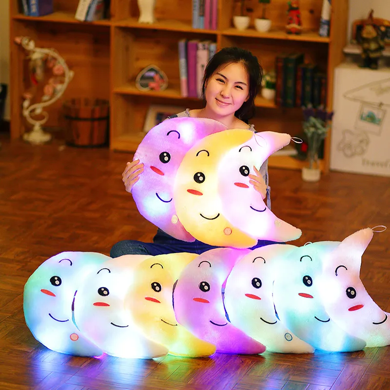 Lrea 38 28 15 см красочные мигающие луны Cojines Plush Toys Sleep Luminous Led Light Light Displow Dollow Gritledent Подарки Y200723