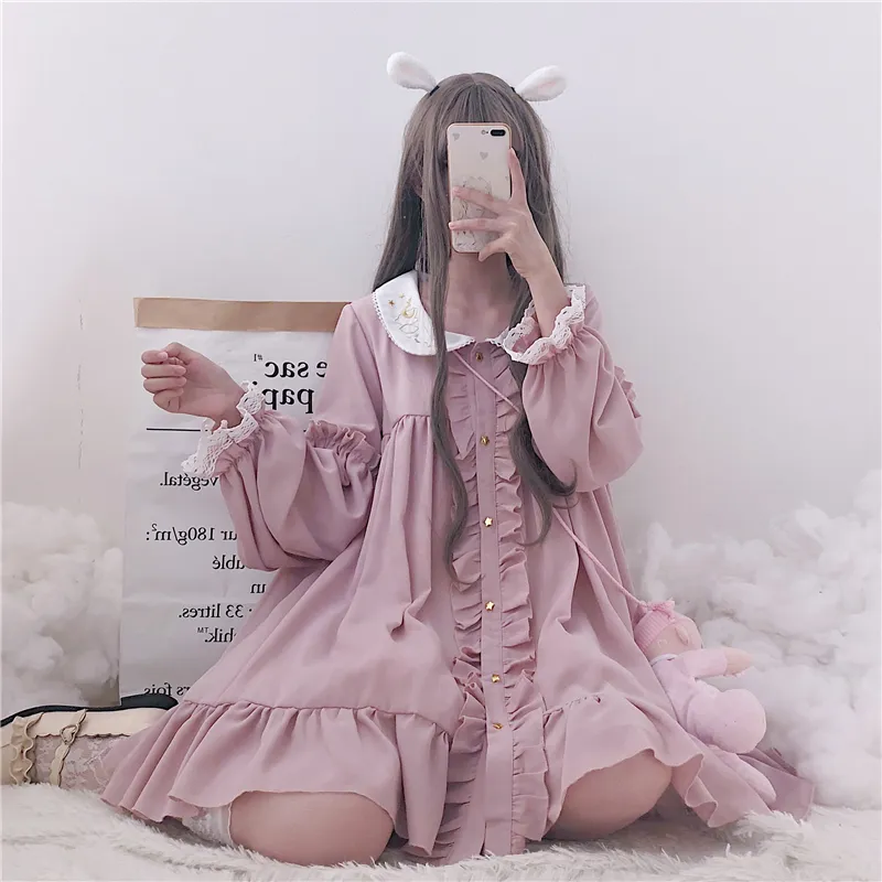 Woherb 2020 robe d'été femmes Harajuku rose dames à volants dentelle Patch Kawaii robes Lolita Cosplay doux lâche robes 21092 X1224