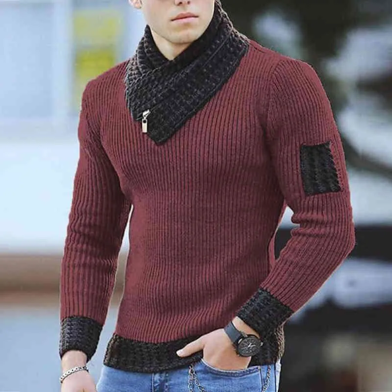 Męski zimowy sweter England Rozmiar Solid Color Scarf High Collar Turtleneck Ciepły Długi Rękaw Sweter Krojeniowy Pulower 211221