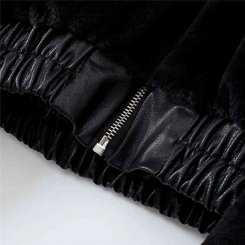 冬の濃い温かい短いパーカーの女性セクシーなショートフェイクファーコート女性黒いPUレザーの弾力性のある豪華なルーズジャケット220112
