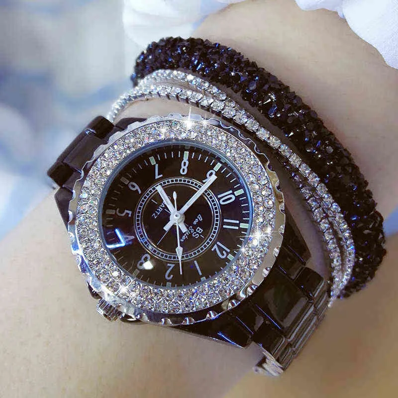Montres-bracelets en cristal de luxe pour femmes, en céramique blanche, à Quartz, à la mode, 220111224Y