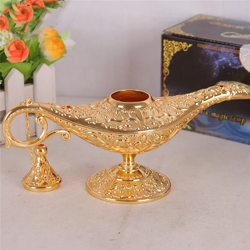 KiWarm Klassiek Metaal Gesneden Aladdin Lamp Licht Wensen Thee Olie Pot Decoratie Collectable Saving Collection Arts Craft Gift Y200101802697