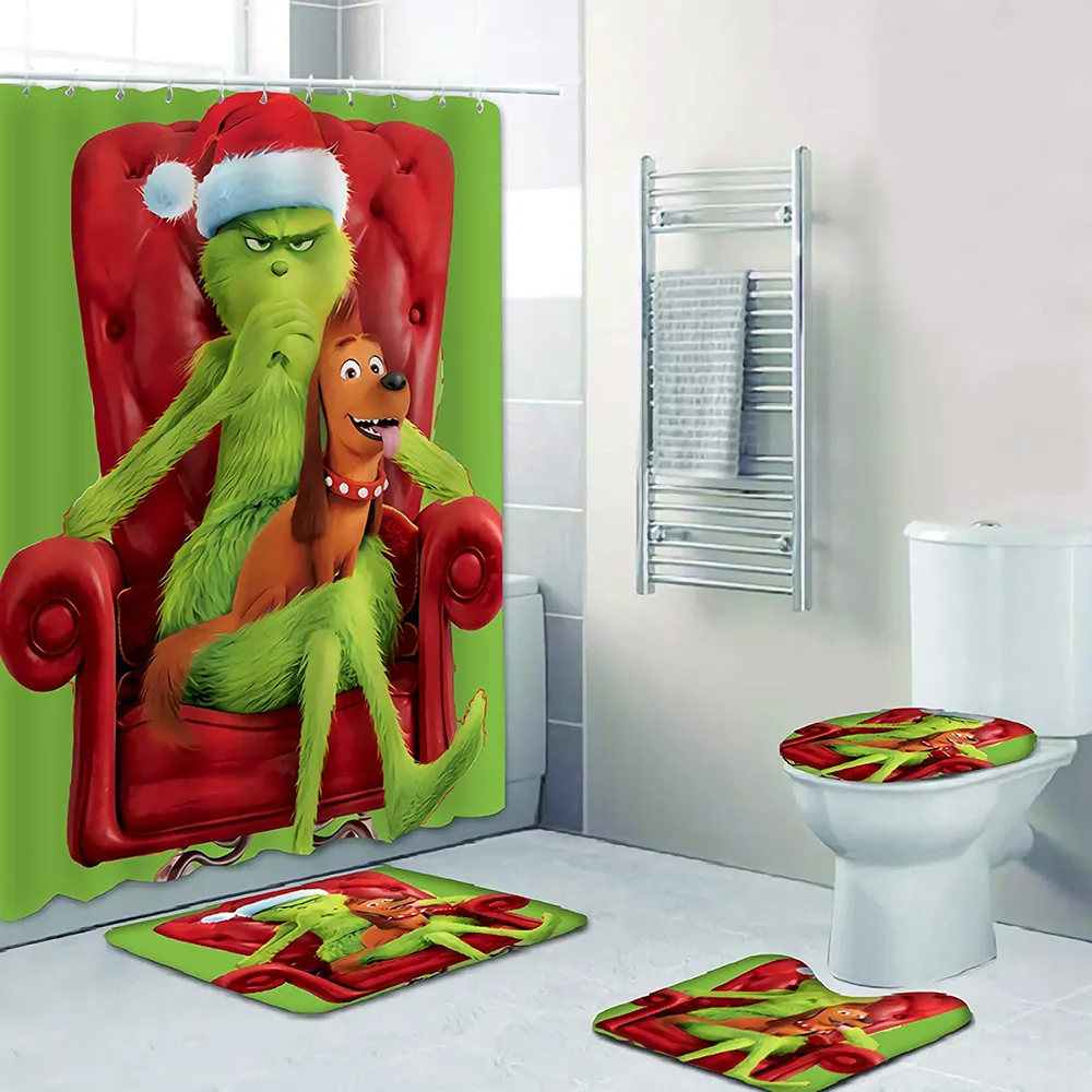 Der Grinch gestohlen Weihnachten wasserdichte Duschvorhang Teppichabdeckung Toilettenabdeckung Badematte 4 Stück Set 3D -Druck Badezimmer Dekor 208398008