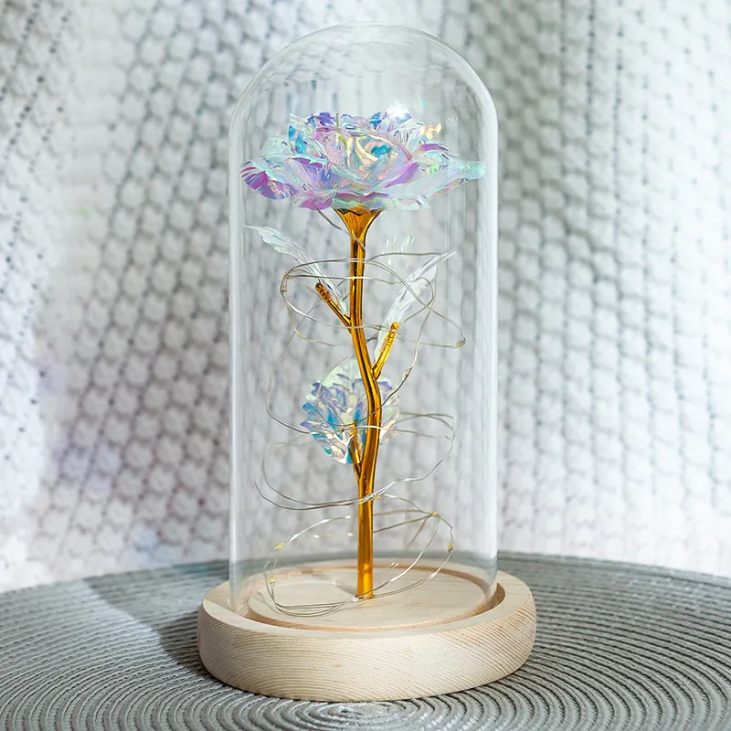 ロマンチックな永遠のライトバラの花のガラスのガラスカバーの美しさと獣LEDのバッテリーランプ誕生日バレンタインデーの母ギフト装飾T200903