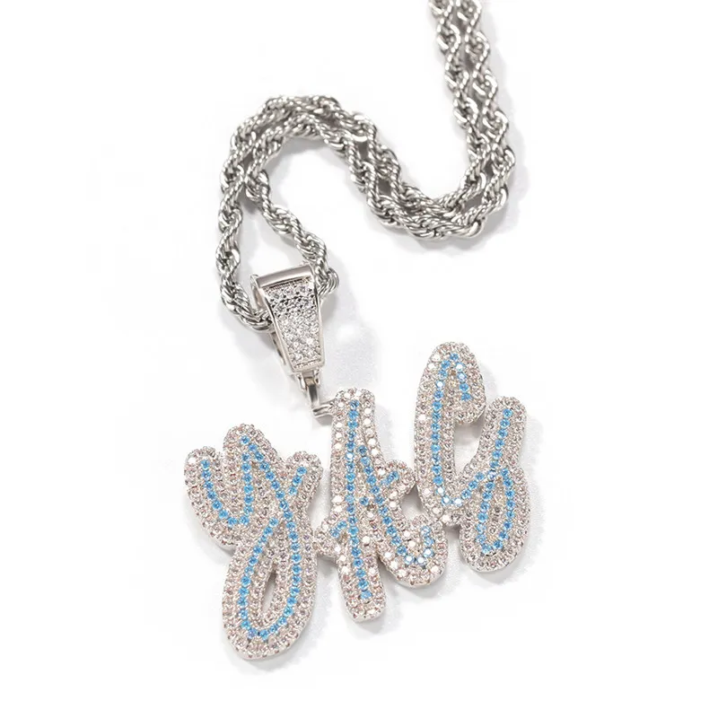 A-Z ожерелья с именем на заказ, синий циркон, подвеска с именем, подвеска для мужчин, женщин, золотого, серебряного цвета, кубический цирконий с веревочной цепочкой G254c