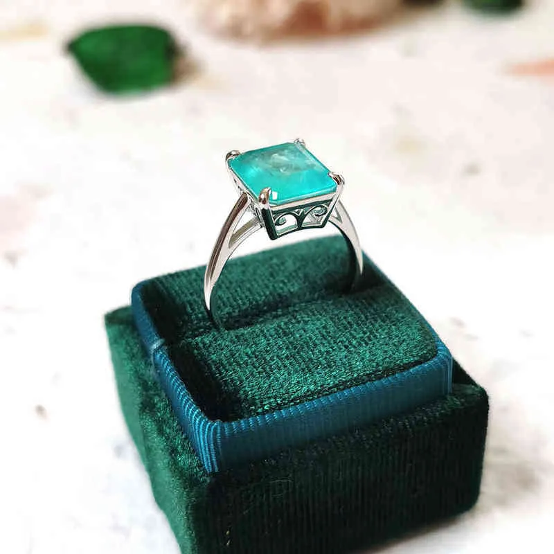 Gzxsjg paraiba turmaline ädelstenar ring för kvinnor solid 925 sterling silver 10x12 smaragd skärning sten engagemang fin 211217