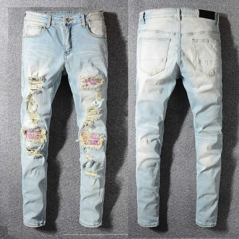 Men's Jeans High street tide brand hole breaking flower patch beggar Beige slim fit small foot elastic personalized jeans