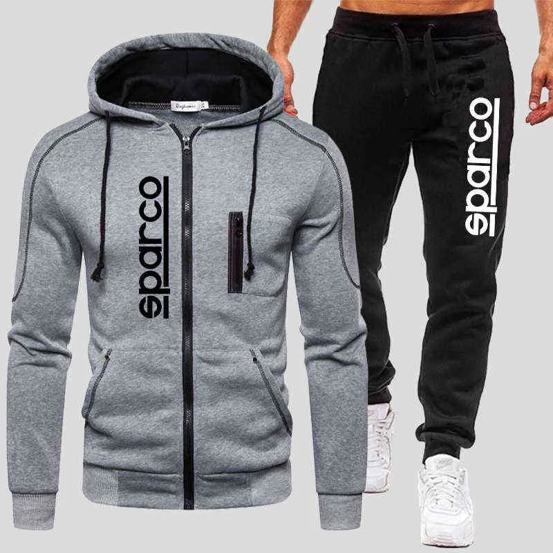 Men's Sparco Tracksuits Winter Zipper Hoodie and Jogging Trouser suits Windproof Motorcycle Clothing Solid Color Running Suits 220107