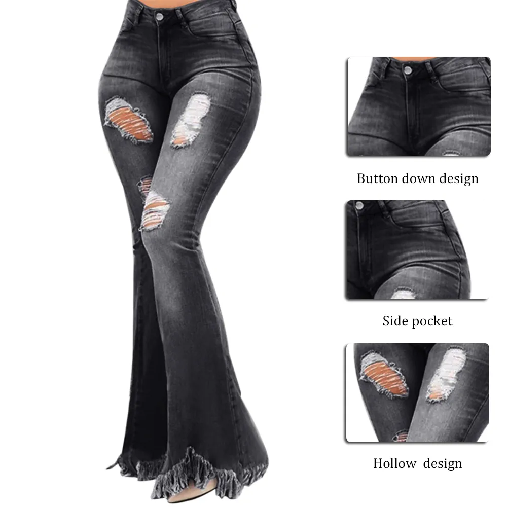 Women Flare Jeans High Waist Fringe Denim Skinny Pants Woman Stretch Jeans Female Wide Leg Jeans Bell Bottoms Clothes 201006