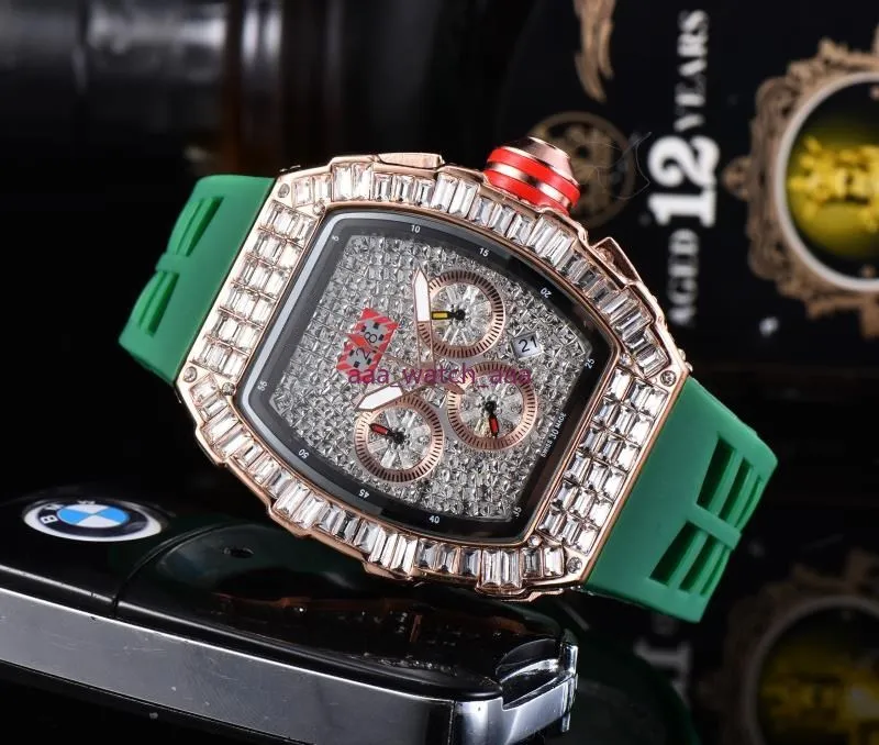 2021 3A Men Fashion Sport Watch Shinning Watches Stainless Steel Diamond Iced Watches All Dial Work Chronograph Rubber Strap R-mal273z