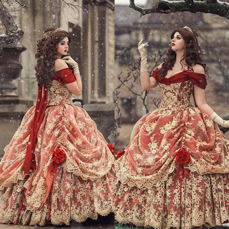 Vestido de baile de ouro vermelho gótico vestido de baile 2021off ombro medieval vitoriano quinceanera vestido espartilho Renaissance vestidos de noite personalizados feitos 258V