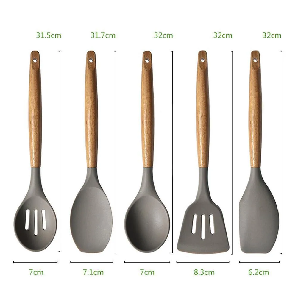 5 PzSilicone Utensili Da Cucina Manico In Legno Antiaderente Cottura Insalata Cucchiaio Perdite Raschietto Pala T200415