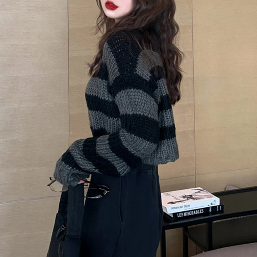 Rosetic Pullovers Striped Short Women Sweater Casual Knitwear Streetwear Jumper Gray Black Gothic Knitted Sweaters Goth 201130