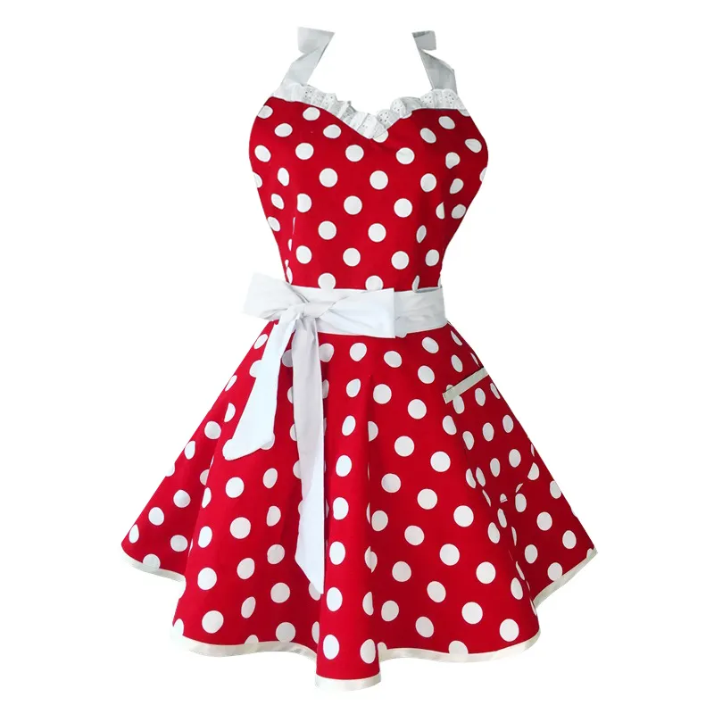 Lovely Sweetheart Red Retro Kitchen Aprons Woman Girl Cotton Polka Dot Cooking Salon Vintage Apron Dress Christmas Y2001037756709