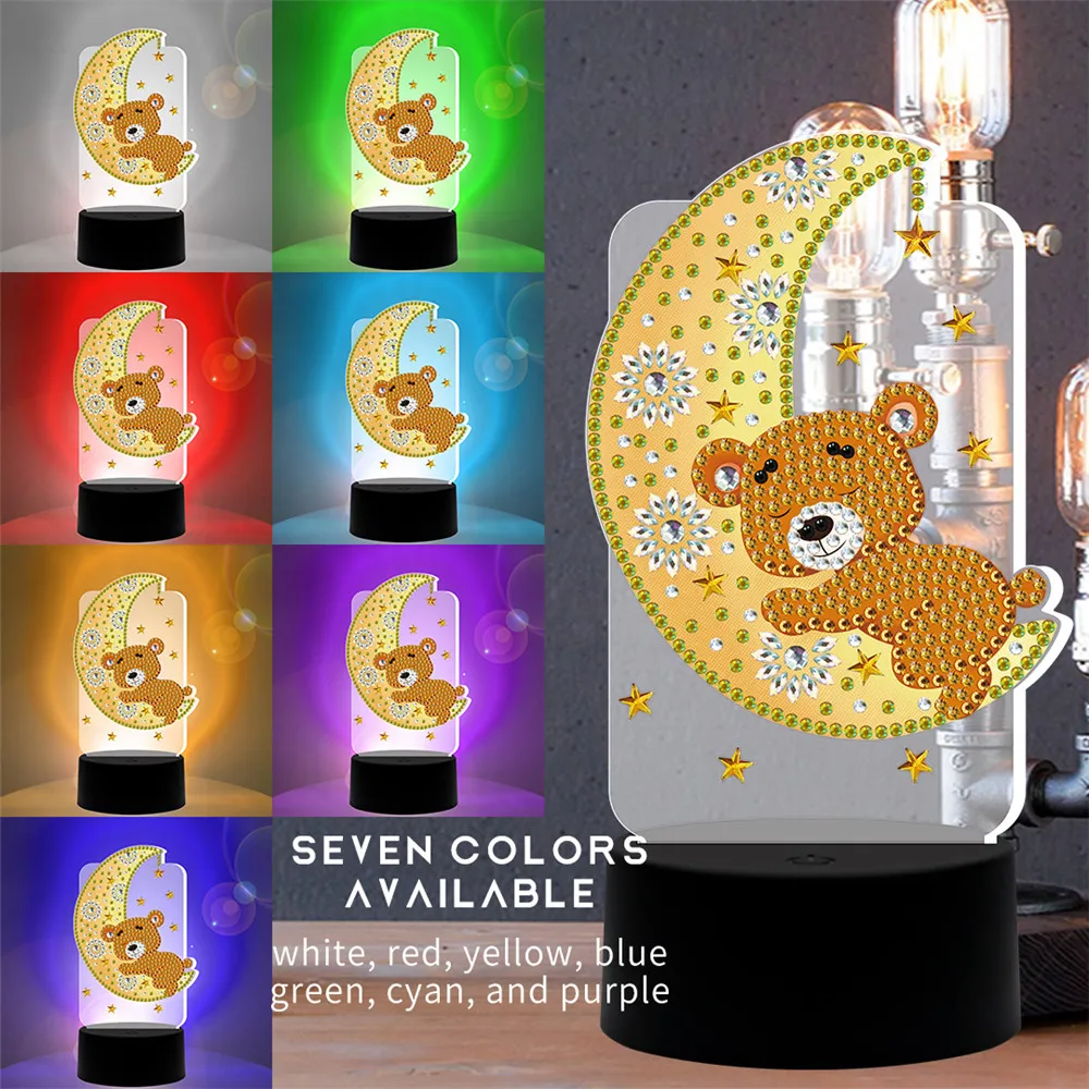 Huacan LED 램프 다이아몬드 그림 5D 가벼운 다이아몬드 자수 올빼미 곰 모자이크 만화 홈 장식 선물 201112