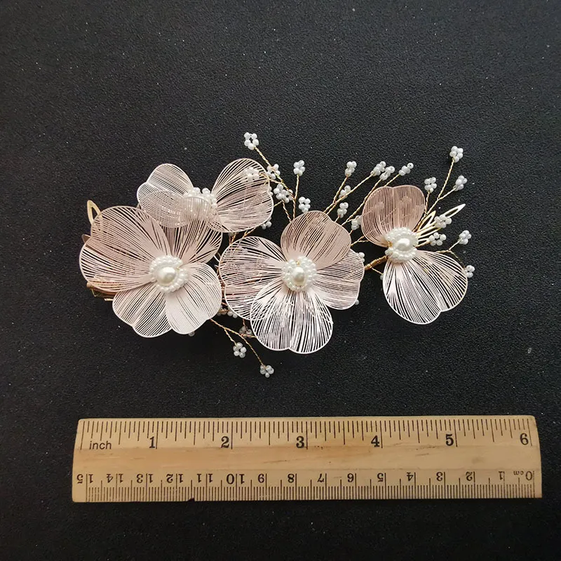 SLBRIDAL Handmade Baroque Copper Flower Pearls Wedding Hair Accessories Bridal Headband Hair Clip Barrettes Set Women Jewelry J011259T
