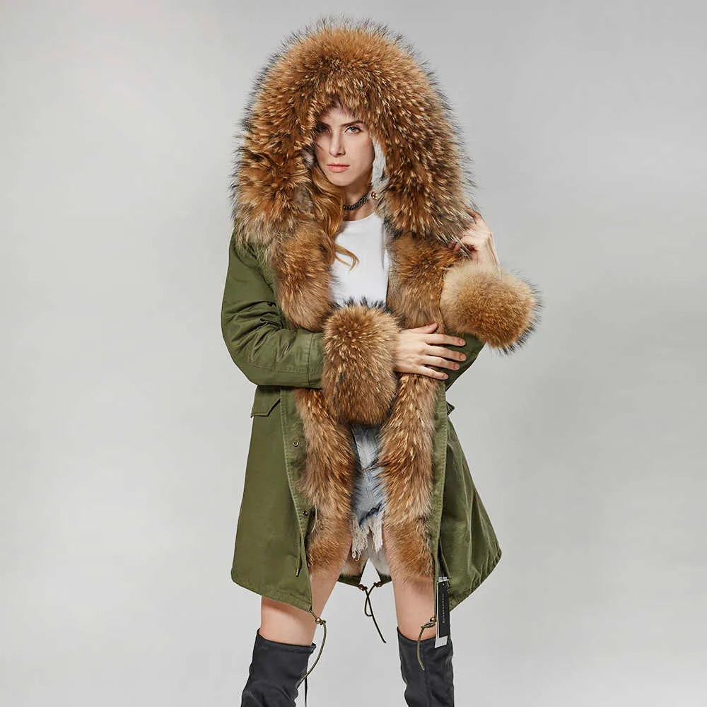 MMK moda donna parka cappotto fodera in pelliccia di coniglio grande collo di procione giacca invernale lunga con cappuccio verde militare stagione calda ja 211220