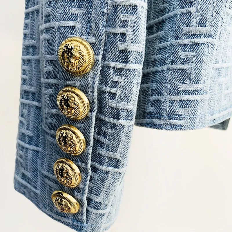 고품질 EST 패션 디자이너 재킷 여성 슬림 피팅 이중 가슴 사자 버튼 기하학적 데님 블레이저 2203039415302