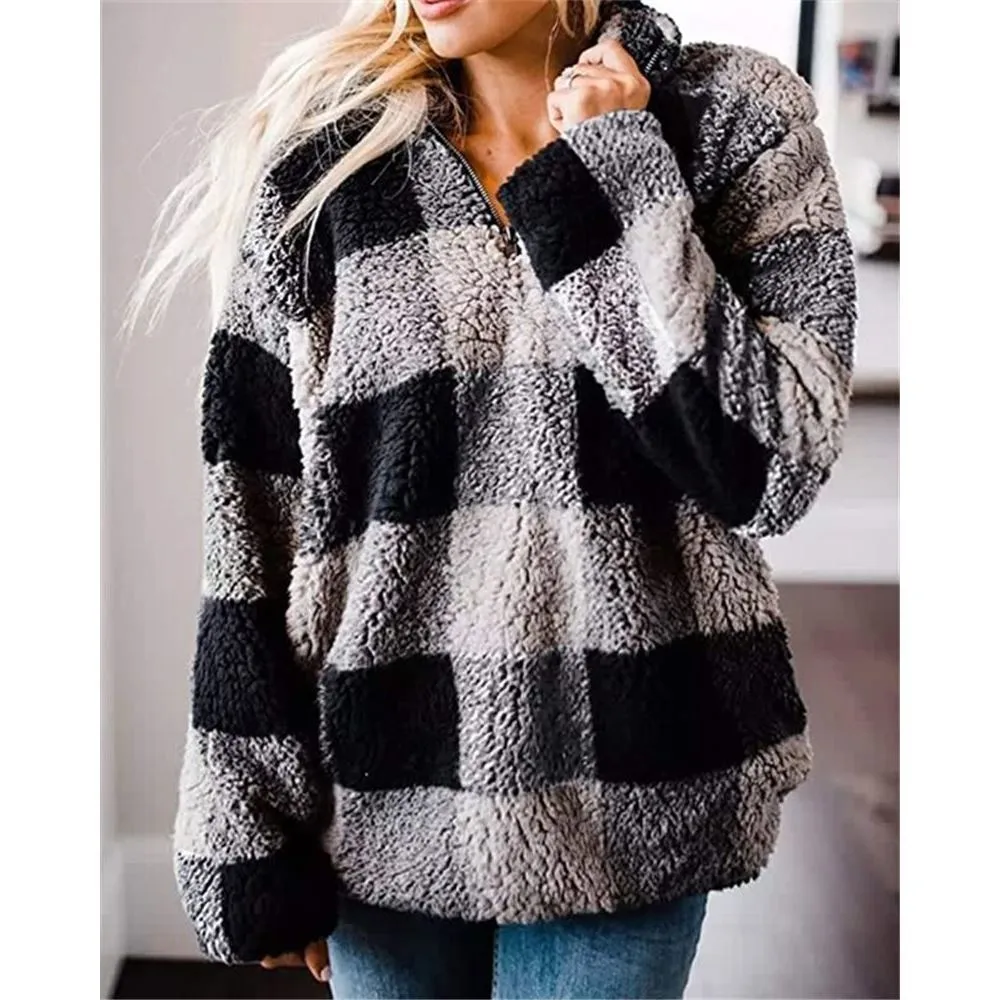 Women Winter Teddy Sweater Teddy Sweater Fluffy Sherpa Fleece Plaid Pullover 1/4 Zipper Turtleneck Sweater Autonn Warm Street Wear 201225