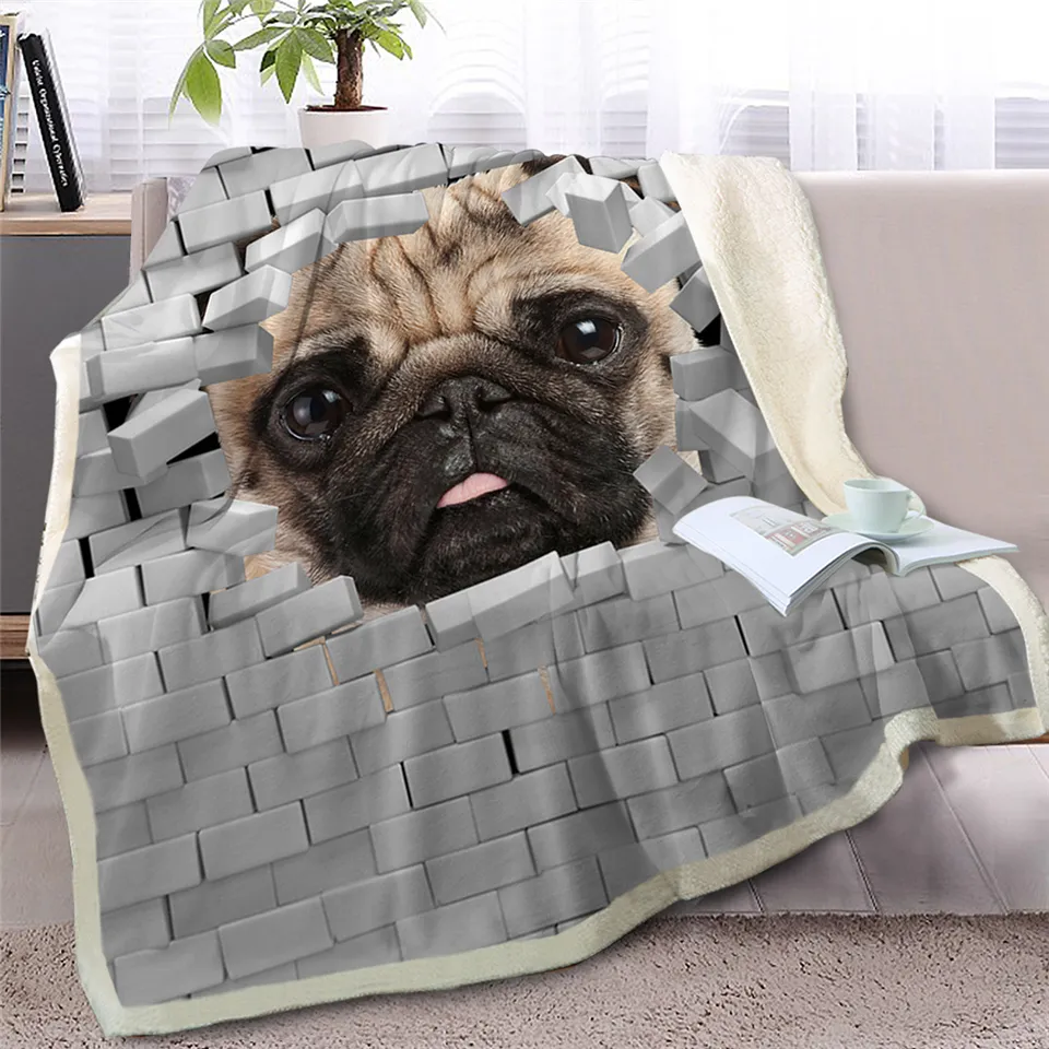 Dachshund kast filt på sängen 3D Animal Dog Plush Sherpa Bulldog Bedstrast Cracked Bricks Wall Thin Quilt Y200417
