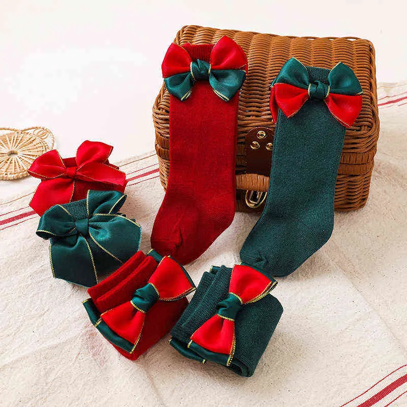 2 paia calzini natalizi bambina fiocco bambino calzini lunghi alti al ginocchio rosso morbido cotone bambini calzino regalo neonato Socken 0-5 anni G1224