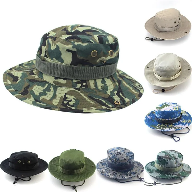 Chapeaux de soleil casquette hommes femmes Camouflage seau chapeau avec ficelle casquette de pêcheur Panama Safari Boonie1338N