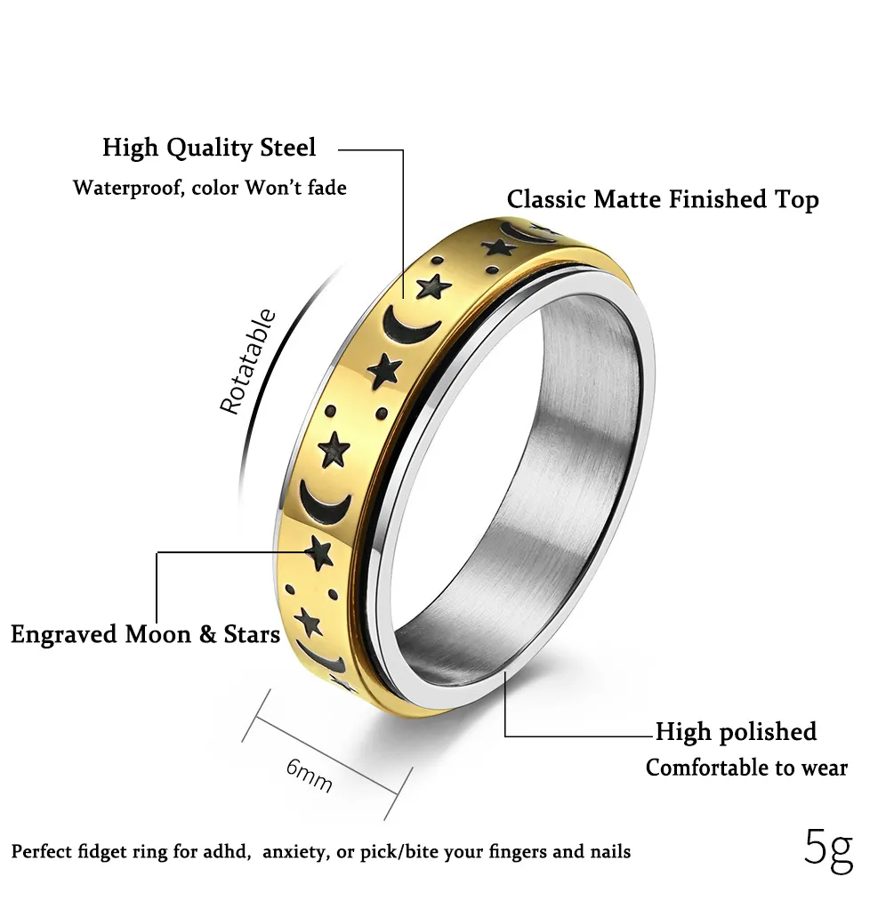 6mm en acier inoxydable Spinner anneaux lune étoile Fidget anneau pour les femmes stress soulager l'anxiété anneaux fiançailles mariage promesse Band254v