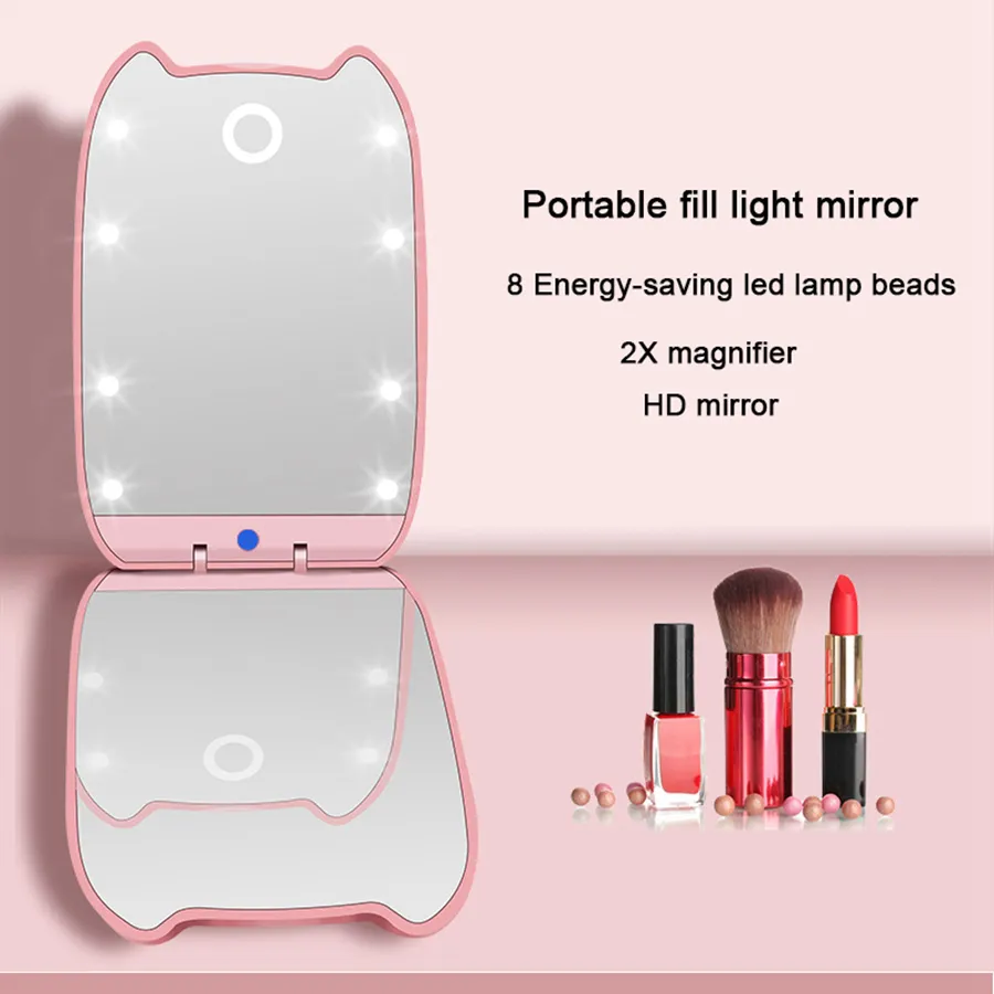 Bärbara 8 LED-lampor Makeup Compact Spegel Dubbelsidig vikning med förstoringsglas Små spegelverktyg