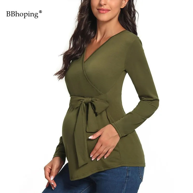 Mamma Kläder Långärmad Amning Breastfeeding Maternity Shirt Blusar Gravida Toppar Med Side Tie Bow Delivery Graviditet Kläder LJ201118