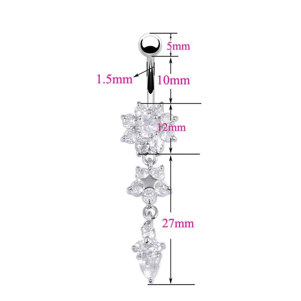 sexy dangle belly bars belly button rings belly piercing cz crystal flower body jewelry navel piercing rings drop shipping