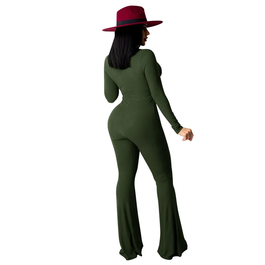 Women Sexy Flare Jumpsuit Long Sleeve Bind Rompers Elegant Fashion Slim Pullover Comfortable Clubwear Overalls K7783