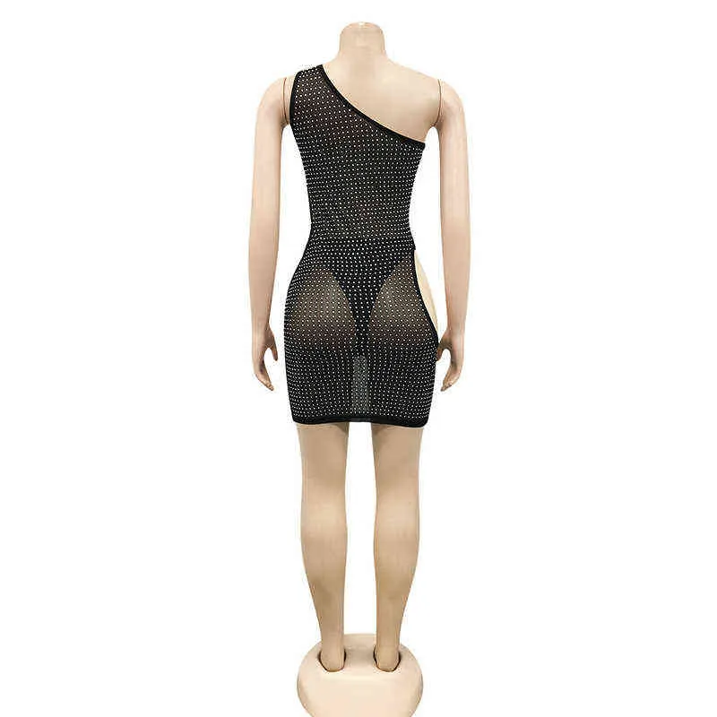 Krimeesseen Sexig svart Sequined Crystal Mesh Hollow Out Mini Dress Kvinnor Höst One Shoulder Bodycons Party Clubwear Dresses Y220214