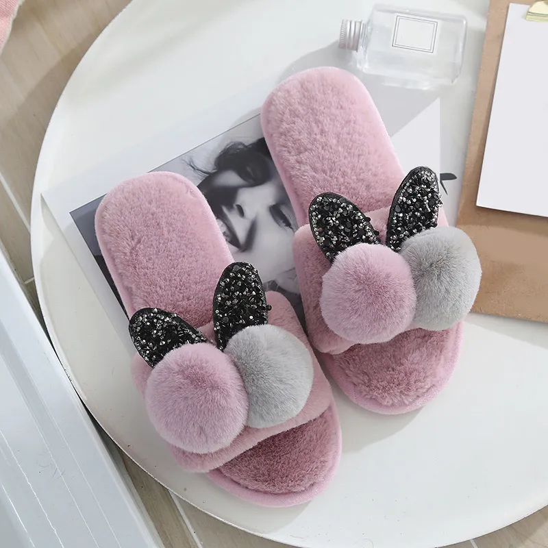 Femmes hiver mode peluche balle maison pantoufle dames chaud court fourrure femme confort fourrure lapin femme fond doux femme chaussures Y201026