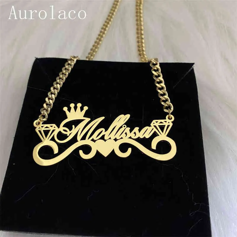 Aurolaco Custom Name Halsband med Crown Personlig Kubansk kedja Rostfritt Stål Namnskylt för Kvinnor Gåva 220119