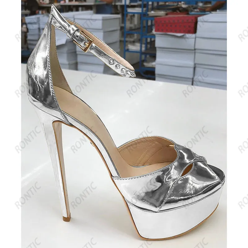 Rontic Hot Handmade Mulheres Plataforma Sandálias Patente Patente Stiletto Saltos Open Tee Goldous Gold Silver Party Shoes Tamanho 5-20