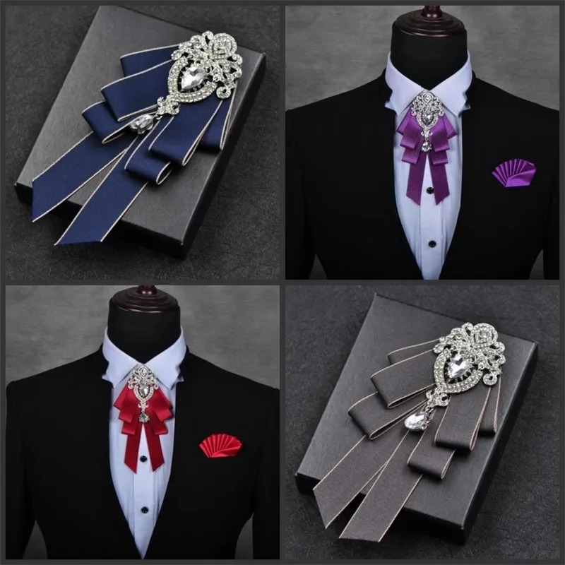 Masculino moda masculina diamante high-end arco noivo padrinhos acessórios de colarinho de casamento gravata rosa broche conjunto de toalha de bolso 201028267n