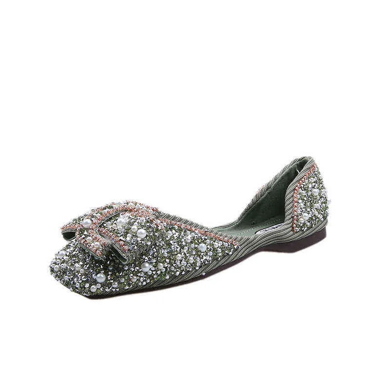 Sandálias femininas sapatilhas de balé bling cristal diamante vestido senhoras laço lantejoulas sapatos únicos strass brilho bico quadrado tamanho grande 43 220309